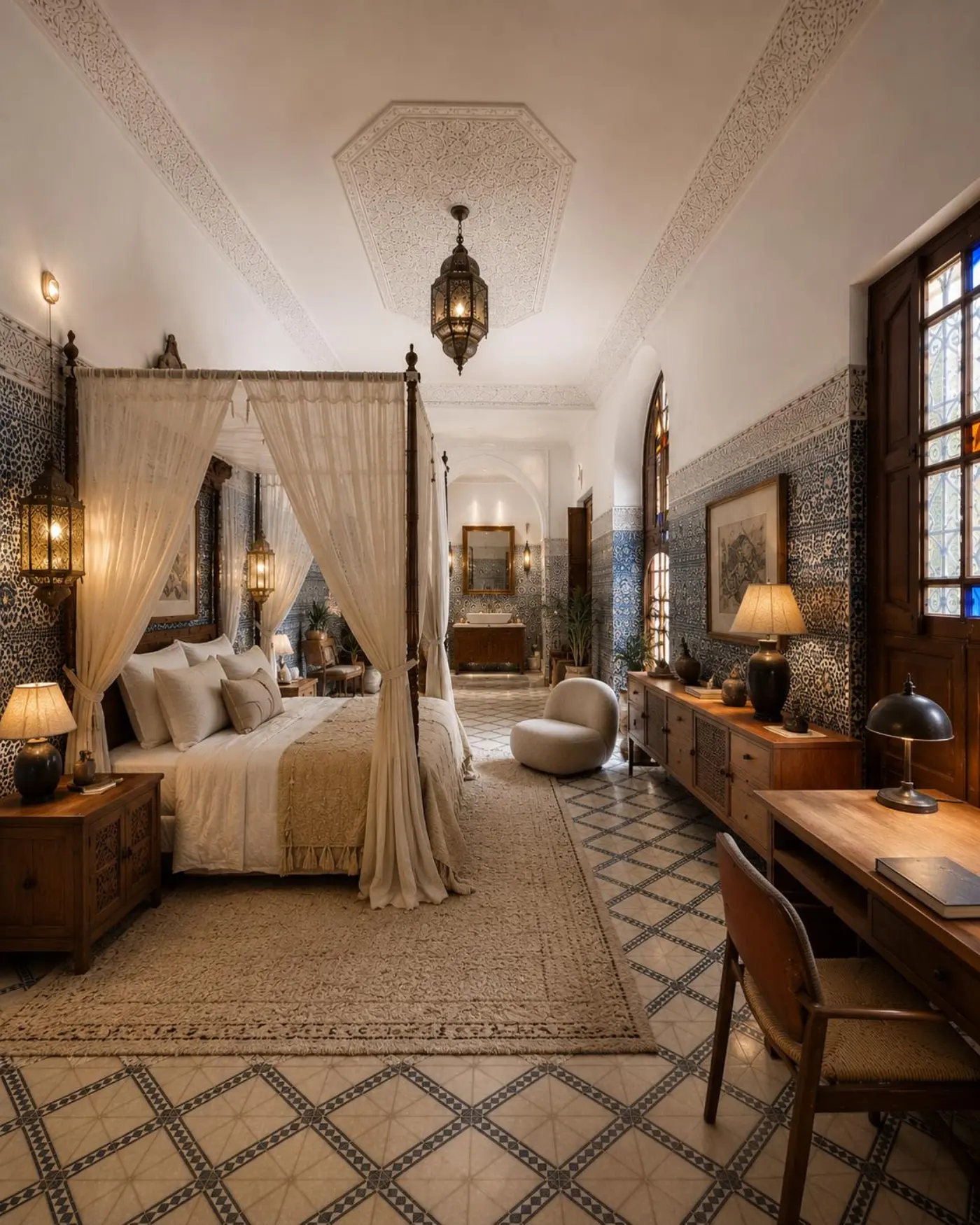 Canopy room with blue zellige, carved wood and stained-glass light