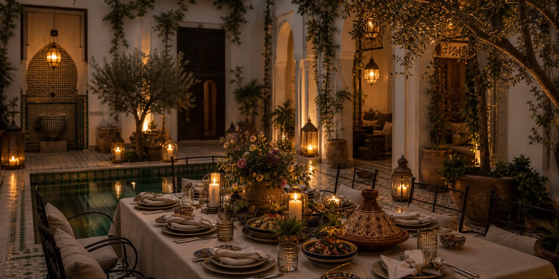 Candlelit Moroccan courtyard dinner beside a plunge pool