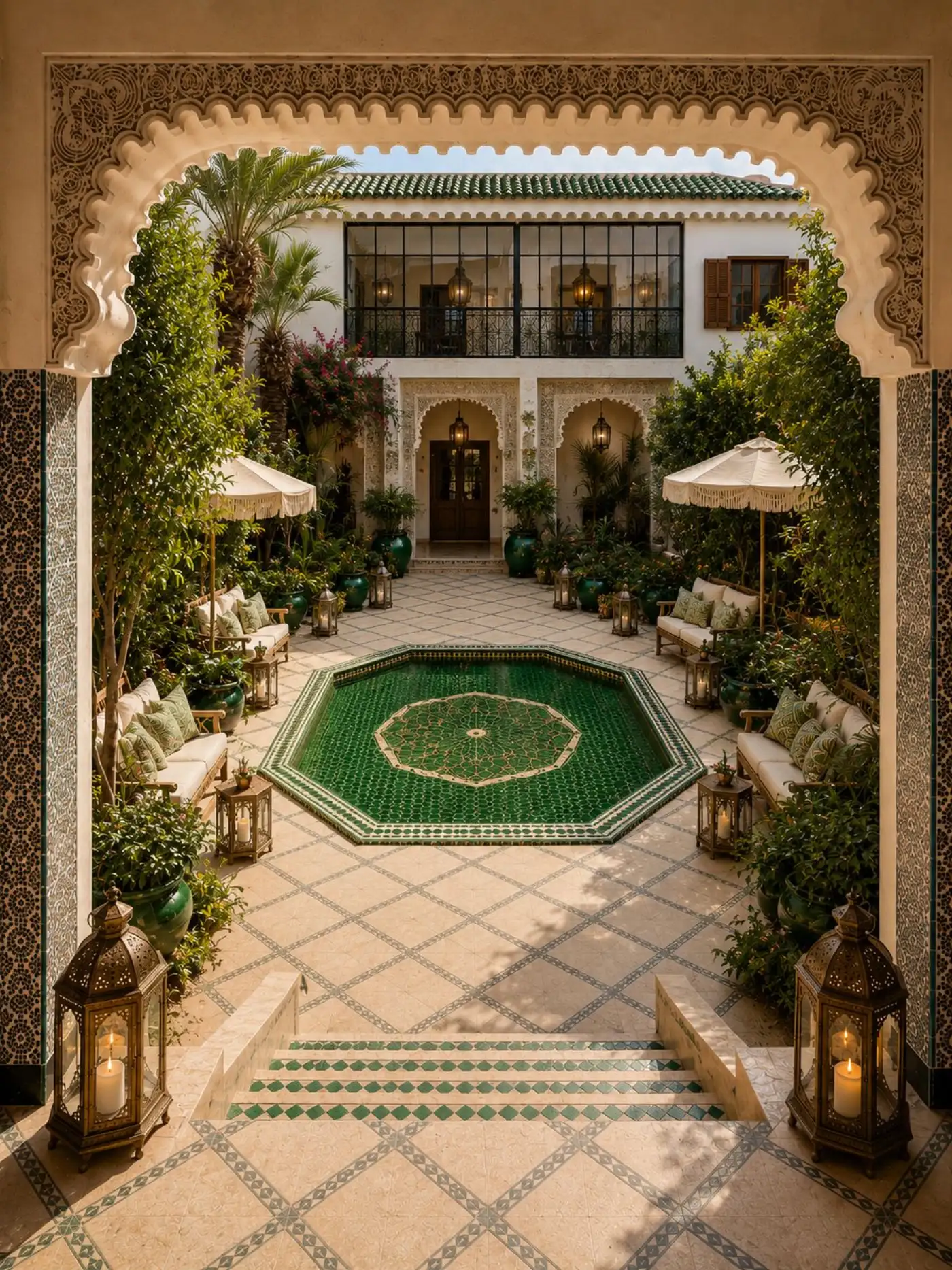 Private riad courtyard seen from an arch with zellige pool