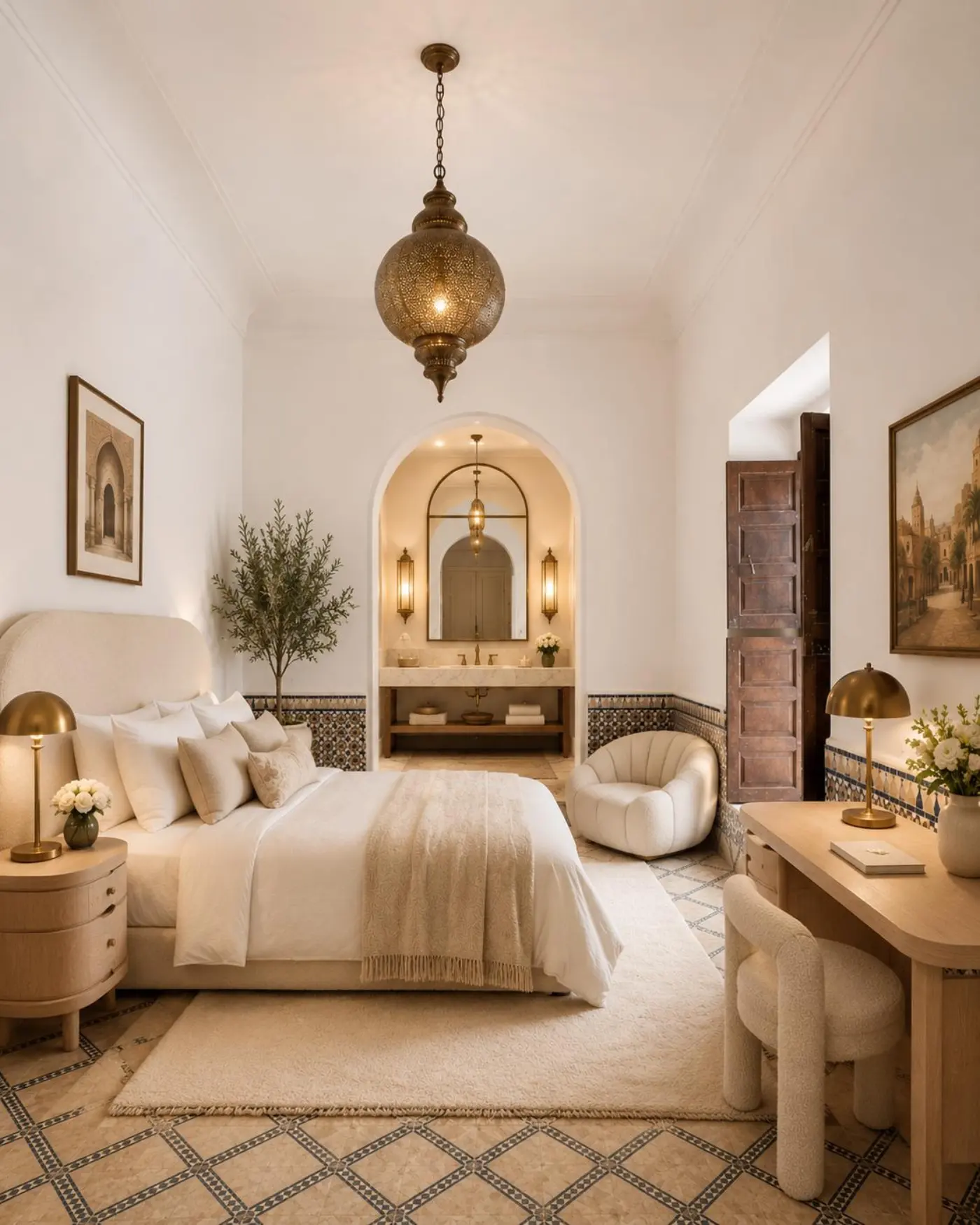 Light riad bedroom with ivory bed, arches and zellige ensuite
