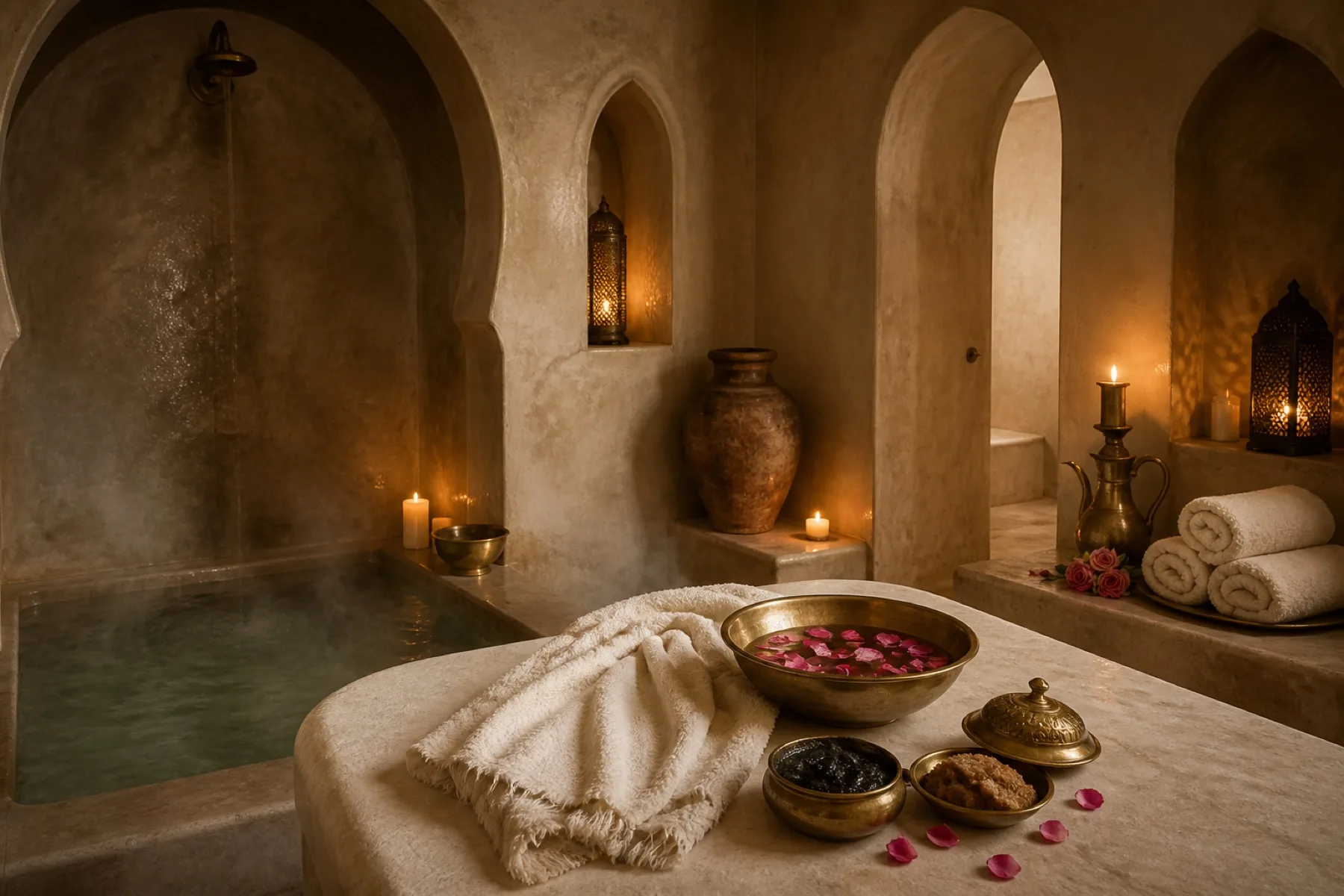 Private tadelakt hammam room with brass bowls, towels, candles, and soft steam
