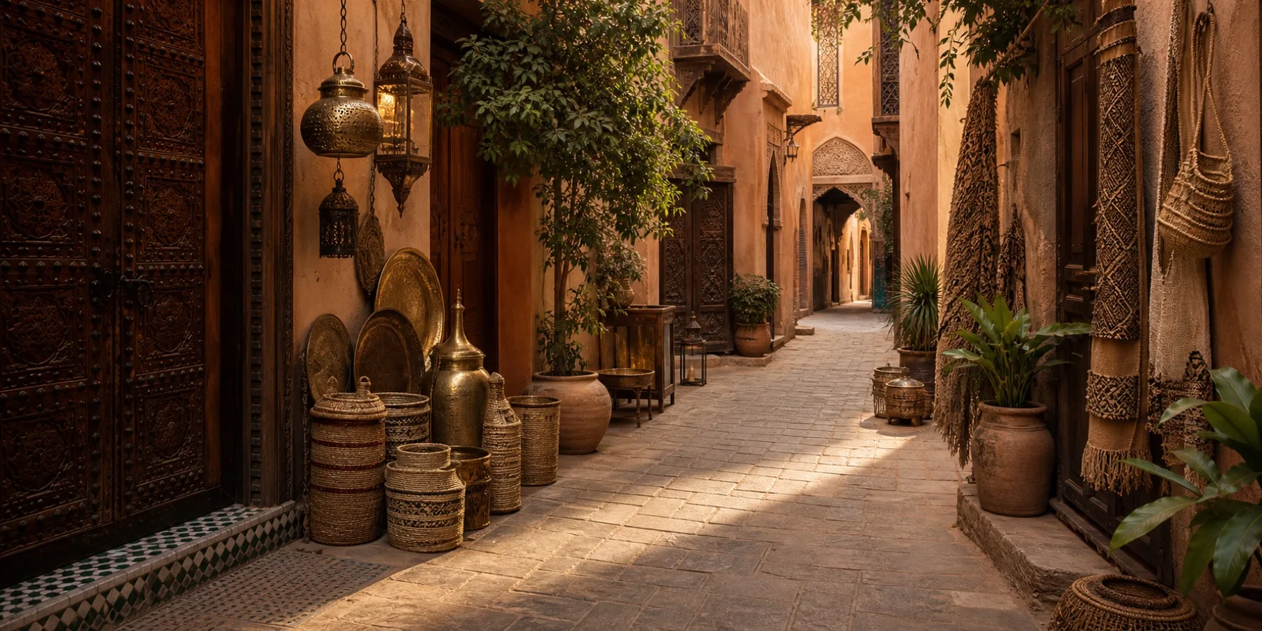 Quiet Marrakech medina artisan lane with carved doors and brass lanterns