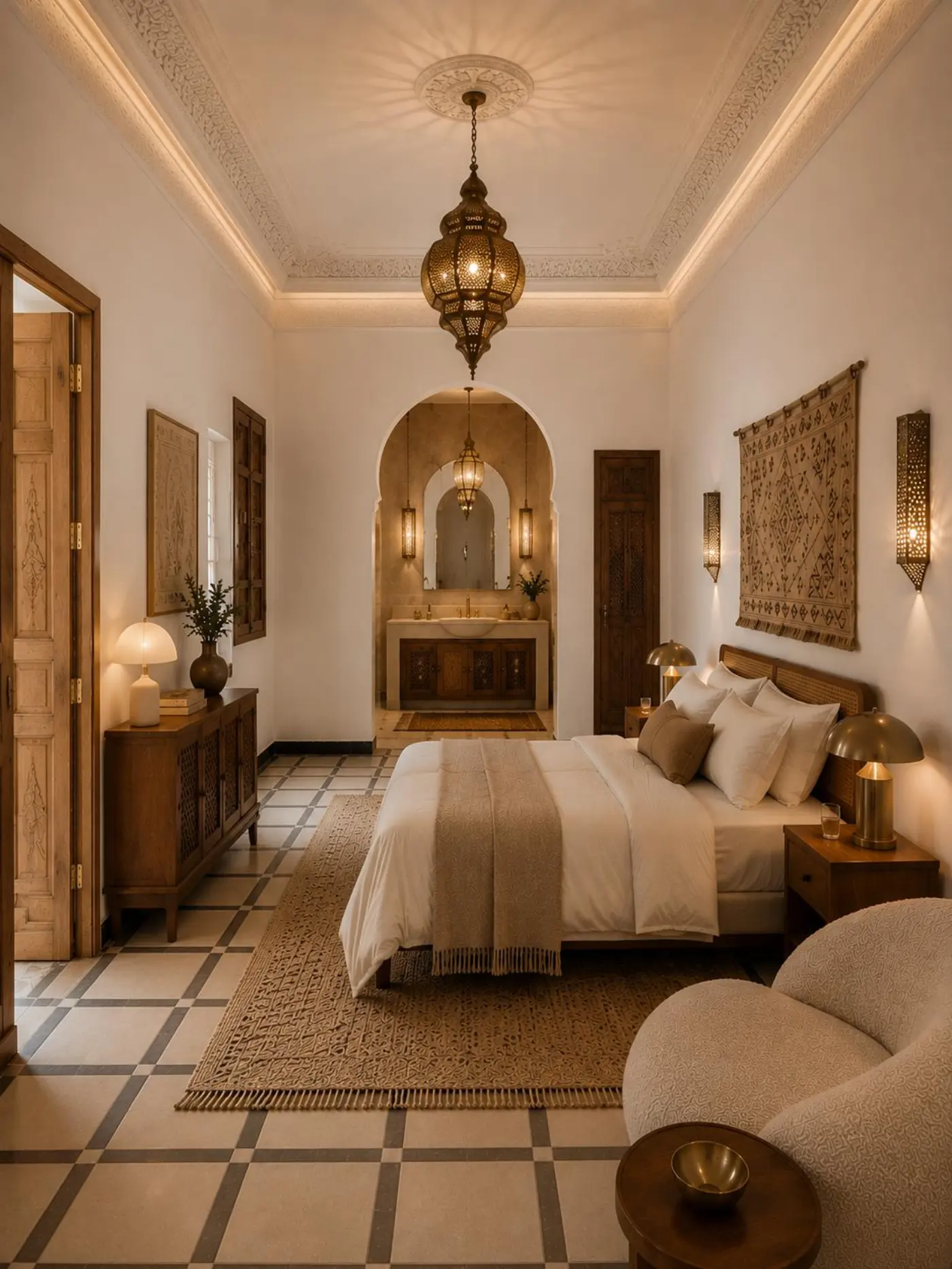Peaceful neutral bedroom with tapestry, alcove and arched ensuite