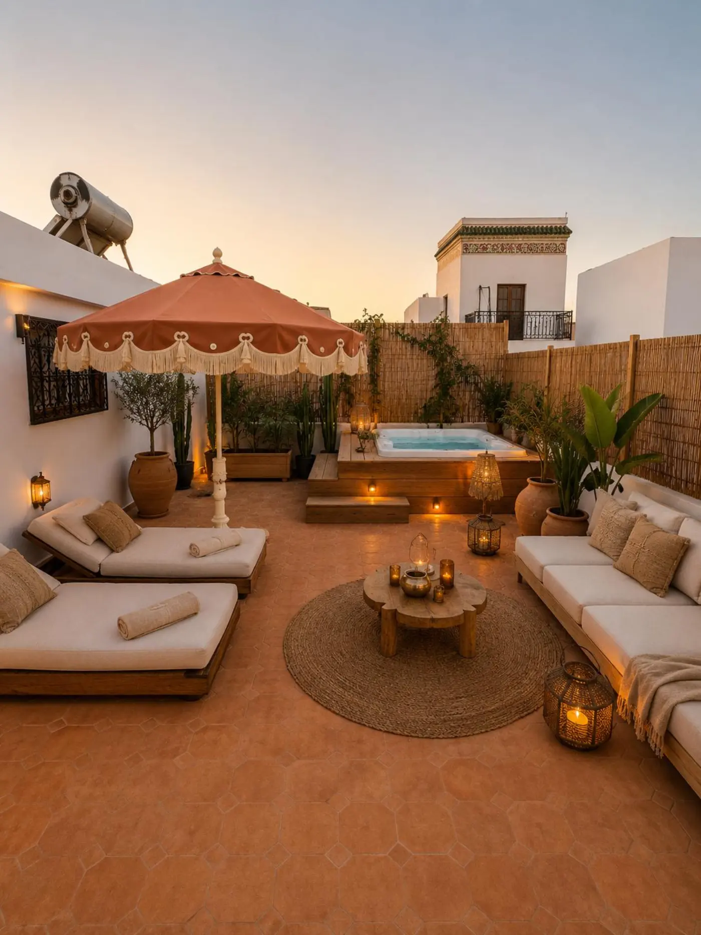 Toit-terrasse de riad à Marrakech avec banquettes, parasol et lanternes au coucher du soleil