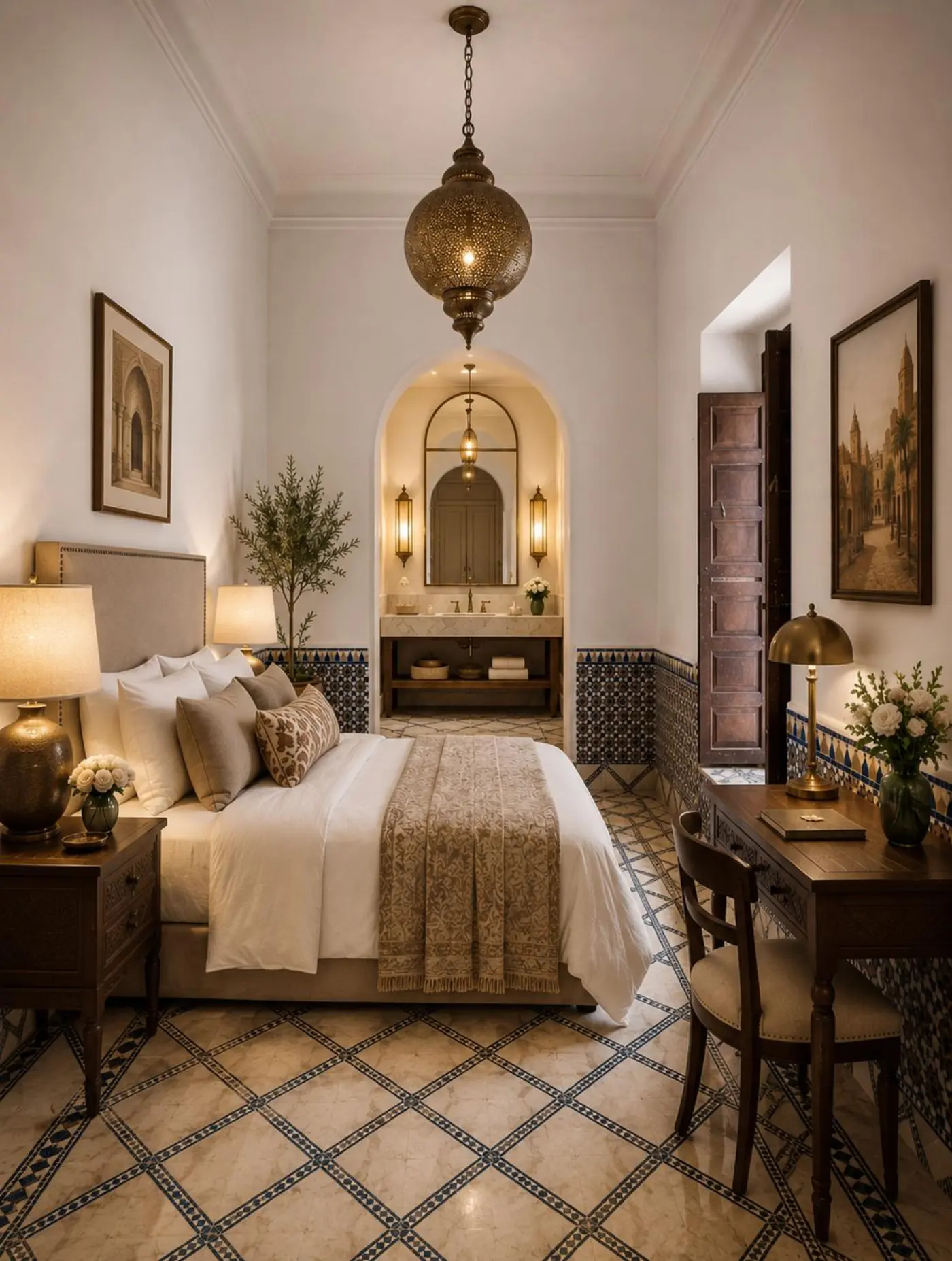 Traditional riad bedroom with writing desk, zellige and soft light