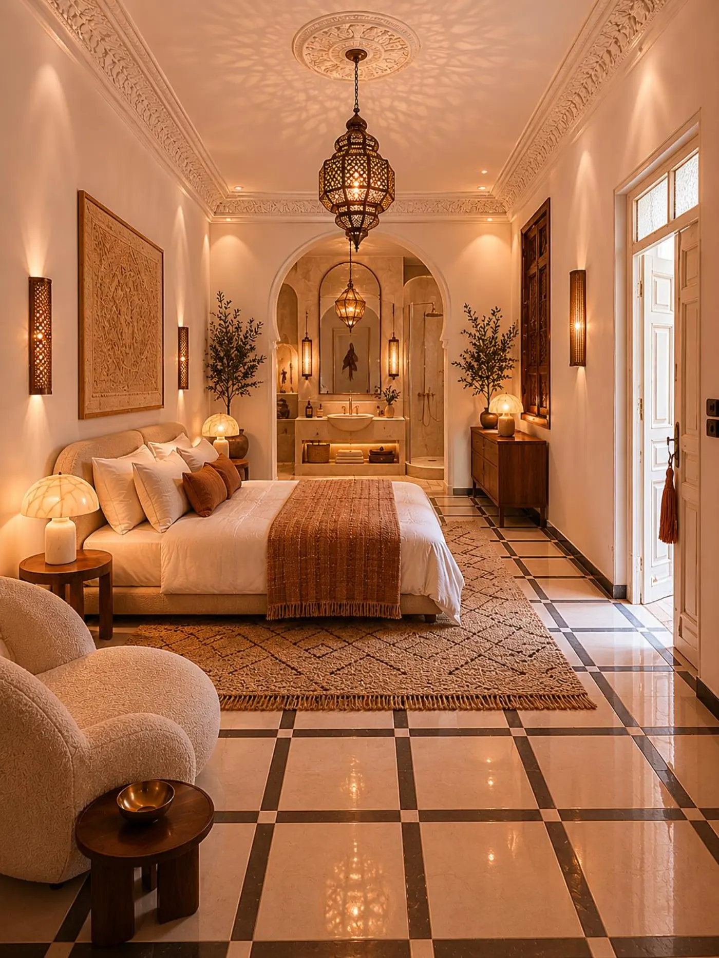 Warm riad suite with carved ceiling, brass lamps and woven textiles